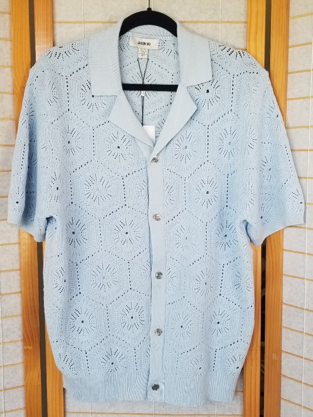 Jason Wu Men's Pointelle Knit Short Sleeve Button-Up Shirt in Soft Blue Size XL